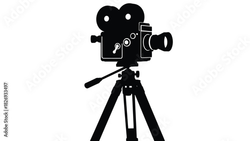 A classic black film camera mounted on a sturdy tripod, set against a stark white background