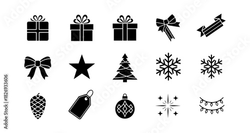 Simple christmas icons set featuring gifts, bows, and holiday symbols