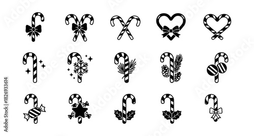 Festive candy cane icons with christmas decorations in black silhouette style