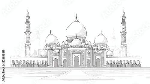 Detailed architectural sketch of a grand mosque with multiple domes and tall minarets, an ornate symbol of Islamic culture and heritage