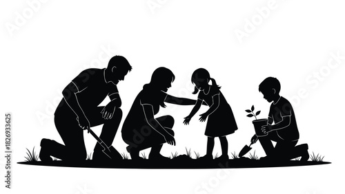 A scene of a family engaged in gardening, rendered in a minimalist black silhouette style against a stark white background
