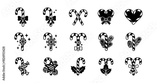 Festive candy cane icons for christmas decorations in bold silhouette style