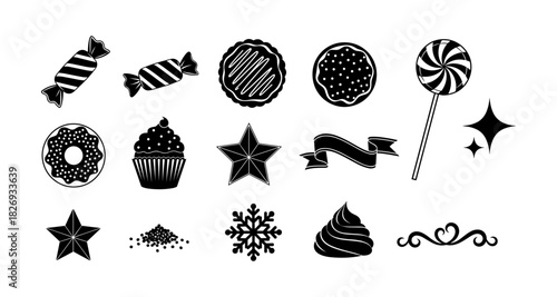 Silhouette icons of sweet treats and decorative elements in black and white