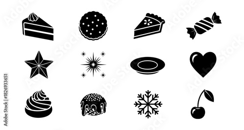 Silhouette icons of desserts and seasonal elements for holiday designs