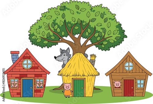 Three little pigs houses with big bad wolf, cartoon illustration under large tree, fairy tale scene, children storybook design artwork