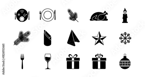 Festive dinner icons: holiday decor and dining essentials in black silhouette style
