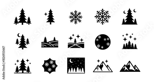 Minimalist winter icons set featuring snowflakes and pine trees