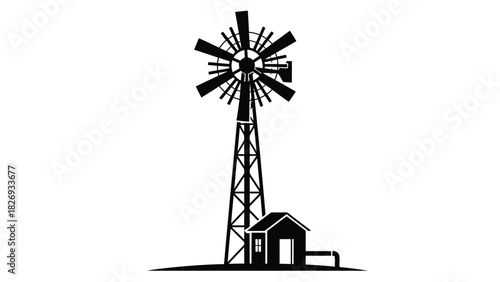 Monochrome windmill with blades rotating near a small house with a door and a pipe, farm landscape, agriculture concept, flat style, vector illustration, logo design, isolated on white background