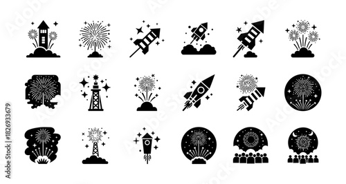 Rocket and fireworks silhouettes with explosive nighttime celebrations