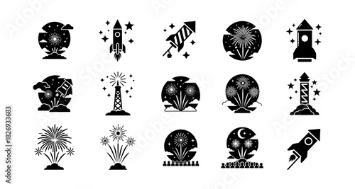 Festival fireworks and space rocket silhouettes with night sky elements