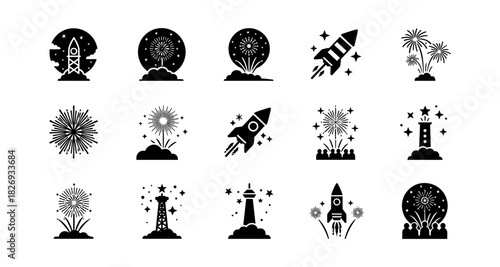 Silhouette rocket and fireworks icon set in black and white