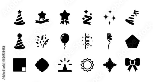 Celebration icons set: party hats, stars, balloons, and confetti in bold silhouette style