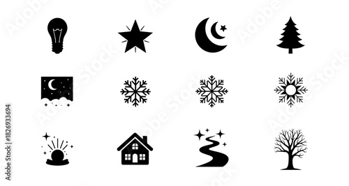 Collection of winter and nighttime silhouette icons for seasonal design