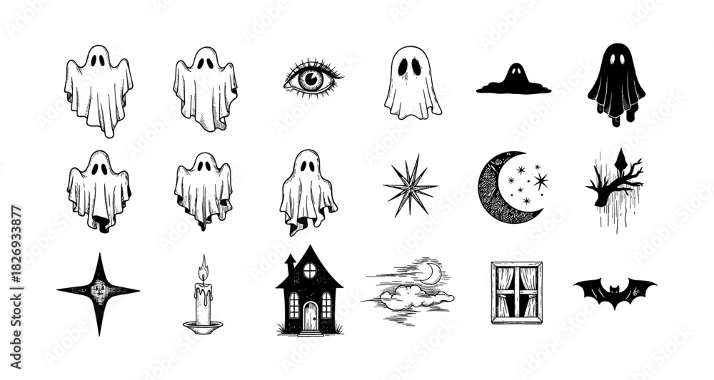 Fototapeta premium Spooky gothic ghost and halloween symbols collection in black and white