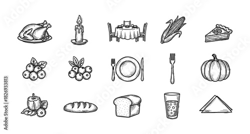 Festive autumn dinner elements in hand-drawn style