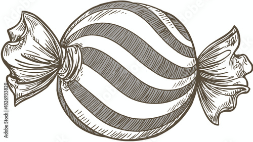 Hand drawn striped candy illustration, sweet wrapped confectionery sketch, classic sugary treat line art, vintage dessert doodle