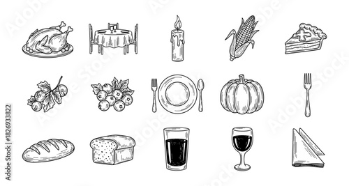 Thanksgiving feast elements sketch with food and decor icons in black and white