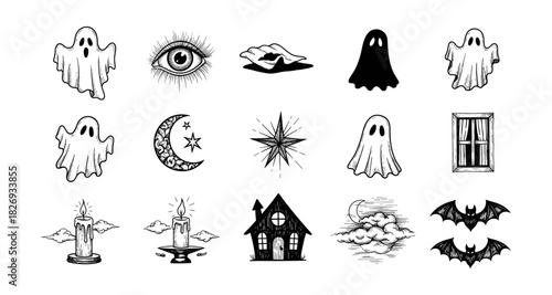 Spooky halloween elements collection with ghosts, moon, and candles in vintage style
