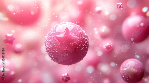 Shimmering pink spheres adorned with a shiny star, floating in a dreamy sparkling bokeh wonderland