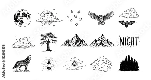 Nighttime nature elements collection featuring moon, stars, owl, and mountains in ink sketch style