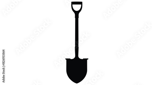 Simple black shovel with a D-shaped handle, digging tool for gardening and construction, essential equipment for landscaping and agriculture, flat vector, logo design, isolated on white background