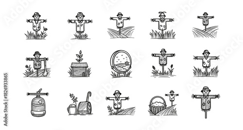 Vintage black and white scarecrow collection with farm elements