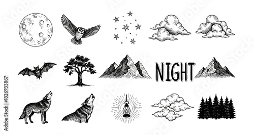 Monochrome nighttime nature elements: wolves, mountains, and celestial designs