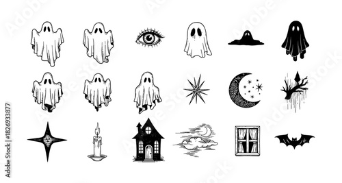 Spooky gothic ghost and halloween symbols collection in black and white