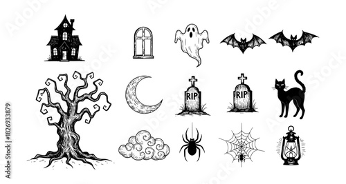 Set of hand drawn halloween elements: haunted house, ghost, bat, grave, and more