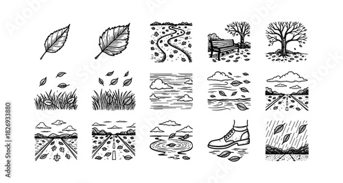 Hand-drawn autumn elements and landscapes collection with leaves and trees