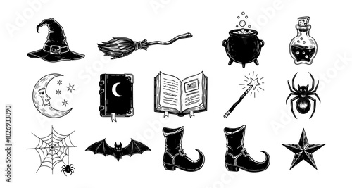 Vintage witchcraft symbols collection with magical icons in black and white