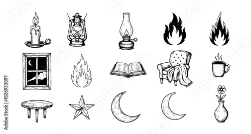 Hand drawn cozy home elements with candle, lantern, armchair, moon, and fire