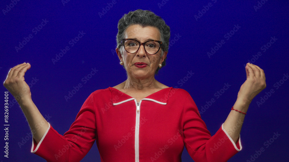 Naklejka premium Senior woman with grey hair in red sweater meditates against a blue background with hands raised emphasizing calm and focus, illustrating mindfulness and maturity in a vibrant setting.