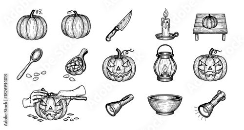 Hand drawn halloween jack-o'-lanterns and spooky icons collection