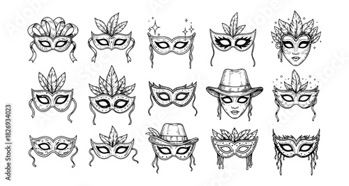 Hand drawn carnival masks with feathers and decorative elements