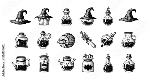 Hand drawn witchcraft potion and hat collection for halloween