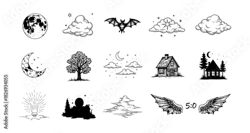 Monochrome celestial and nature symbols: moon, clouds, wings, and trees