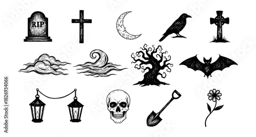 Spooky halloween element collection: skulls, ravens, crosses, and moon