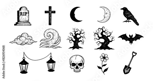 Halloween elements set with moon, skull, and graveyard icons in vintage style