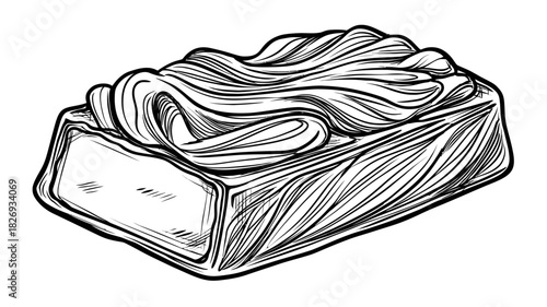 Isolated black and white hand-drawn line art illustration of a sweet dessert bar with creamy frosting or ganache.