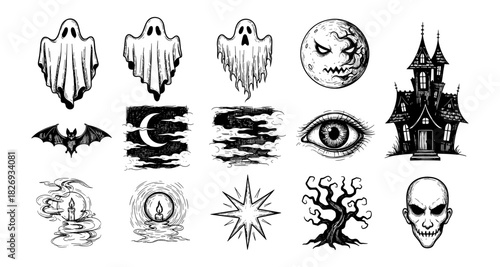 Spooky halloween elements collection with ghosts, moon, haunted house, and more in vintage style