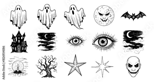 Retro-inspired halloween elements: ghosts, haunted house, and more in monochrome