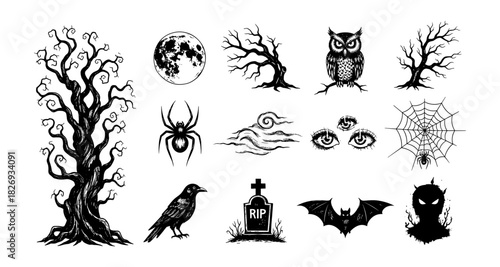 Spooky halloween elements: trees, owl, spider, and more in eerie silhouette style