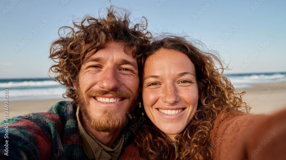 Obraz premium Couple posing for selfie at beach.