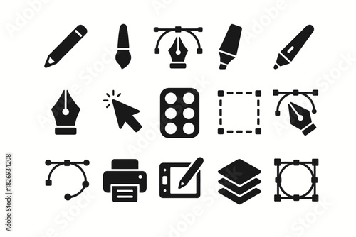 Vector design tools icons set: pen, brush, layer, printing, editing