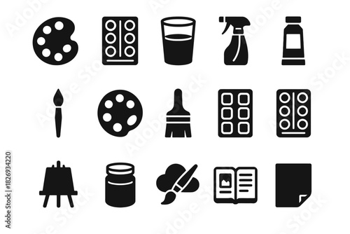 Art tools and materials collection: palette, brushes, paints, easel, spray bottle icons