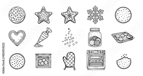 Hand drawn christmas cookie collection with baking elements in black and white