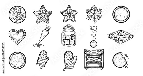 Hand drawn christmas cookie set with baking elements and decorative designs
