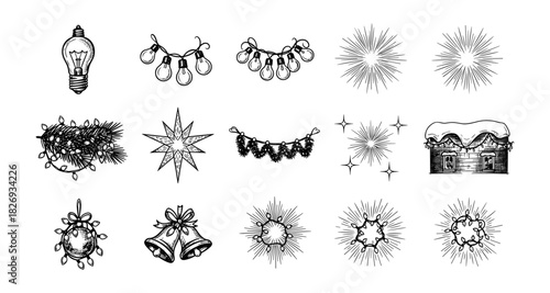 Vintage holiday decor elements: hand-drawn ornaments, lights, pine, and snowy cabin
