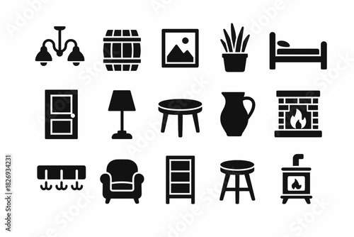 Home furniture and decor icon set: lamp, table, plants, bed, door, armchair, fireplace